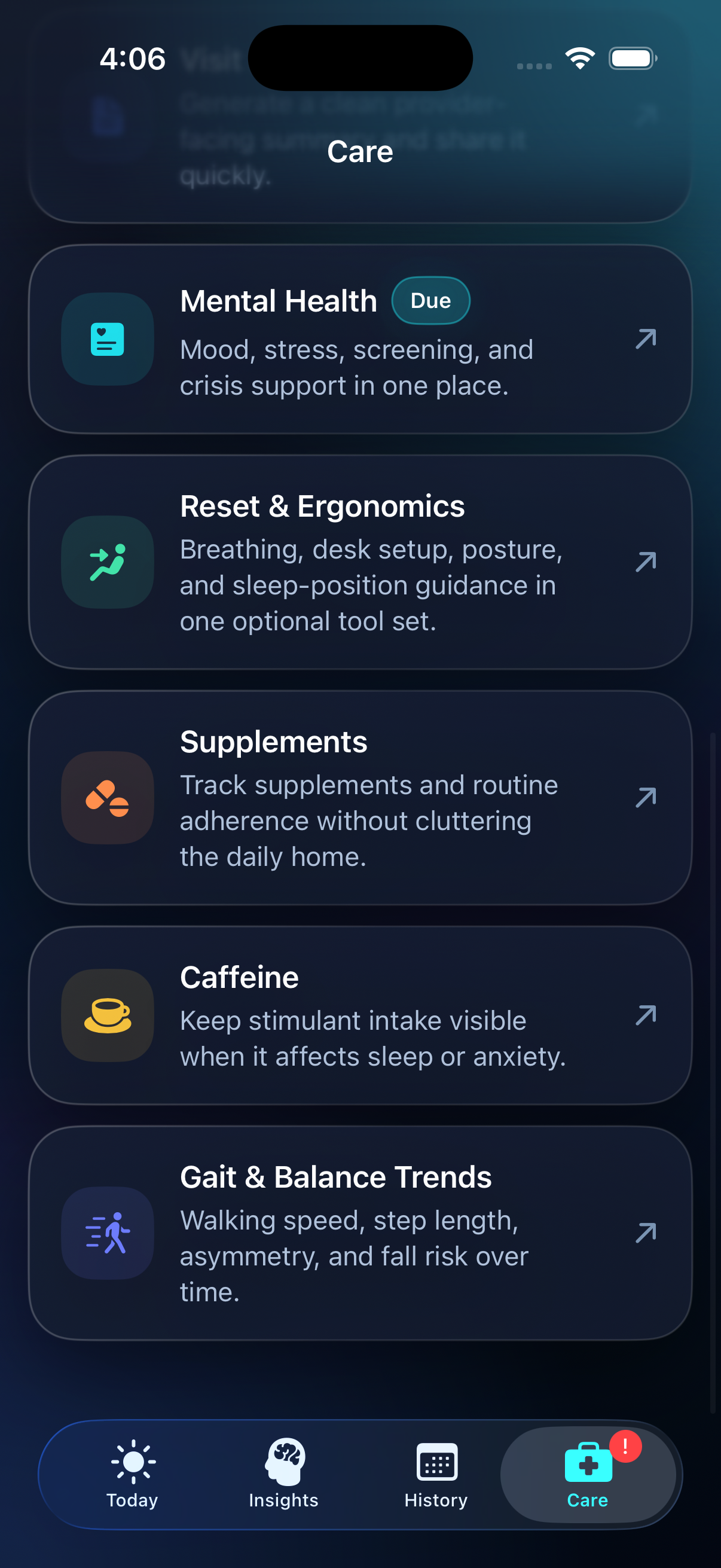 Sentira trends and support screens
